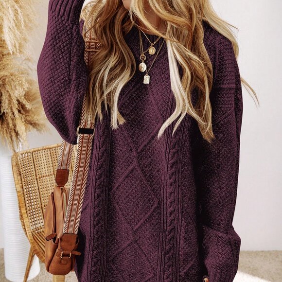 Burgundy Casual Women's Oversized Knitted Sweater Dress with Drop Shoulder - Picture 4 of 9